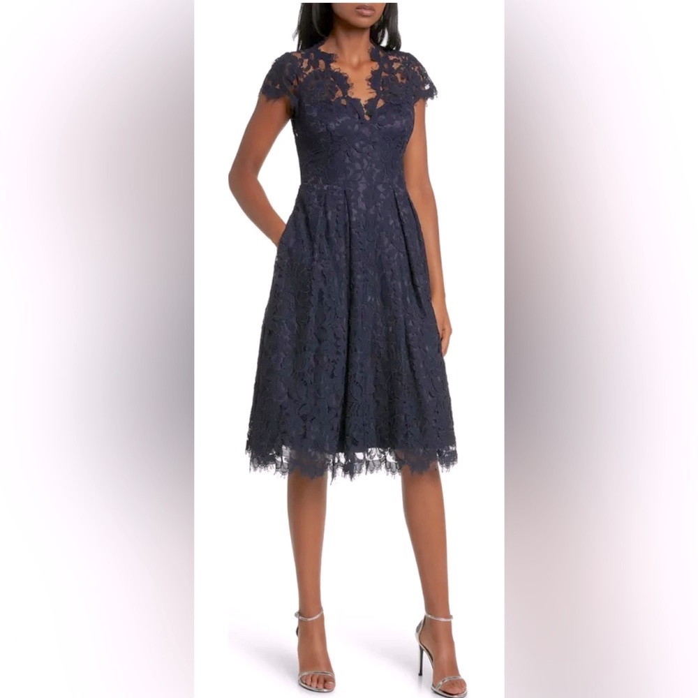 DKNY Short Sleeve Navy Embroidered Cutout Lace A-line V-Neck Dress CL3